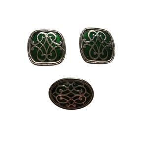 Celtic Brooch Pin Earring Set Green Enamel Milgrain Accent Silver Tone